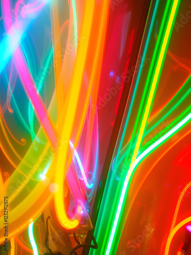 Neon Tubes in Motion, vibrant abstract design, glowing elements, dramatic illumination, intricate details, captivating visual experience photo