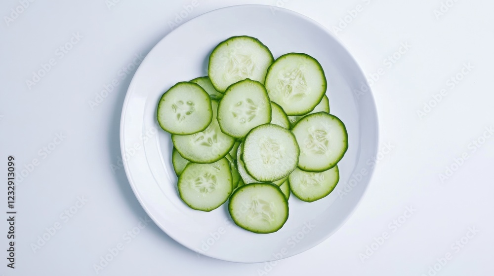 A simple plate of freshly sliced cucumber rounds, neatly arranged in a circular pattern on a plain white ceramic plate, Cucumber centered A simple plate of freshly sliced cucumber rounds, neatly arranged in a circular pattern on a plain white ceramic plate, Cucumber centered