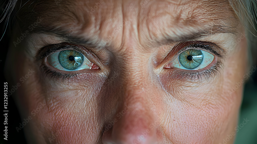 Close-up angry woman's eyes, furrowed brow, dark background Close-up angry woman's eyes, furrowed brow, dark background