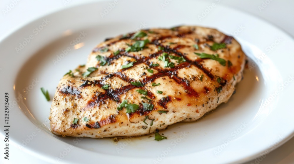 A simple plate of grilled chicken breast with a light seasoning of herbs, neatly placed on a plain white plate, Chicken breast centered A simple plate of grilled chicken breast with a light seasoning of herbs, neatly placed on a plain white plate, Chicken breast centered
