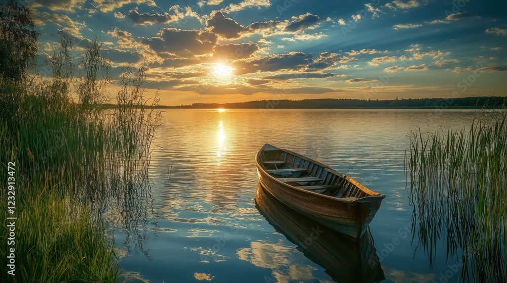 Obraz premium Serene Sunset Lake with Rowboat