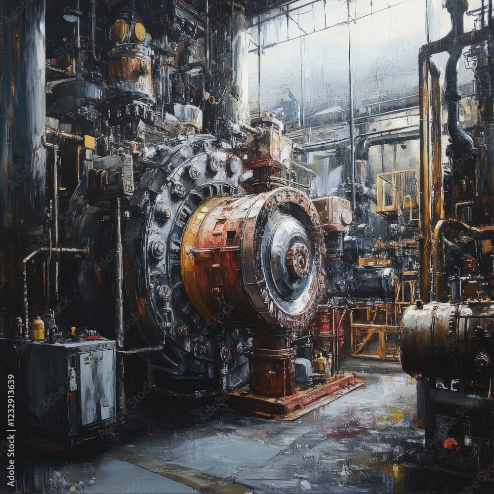 Fototapeta premium A painting of a factory with a large red and yellow machine in the center