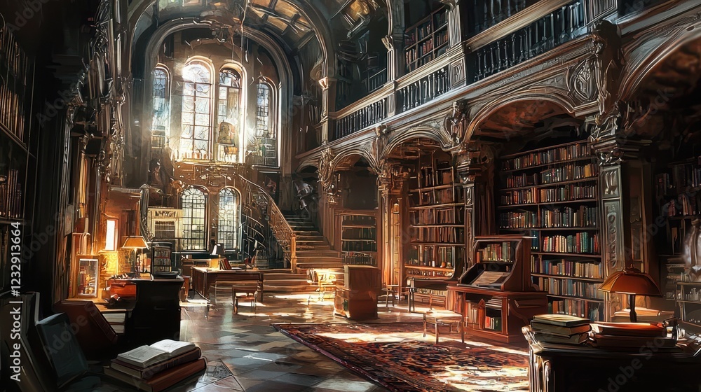 Fototapeta premium Elegant Library Interior with Wooden Shelves and Sunlit Windows