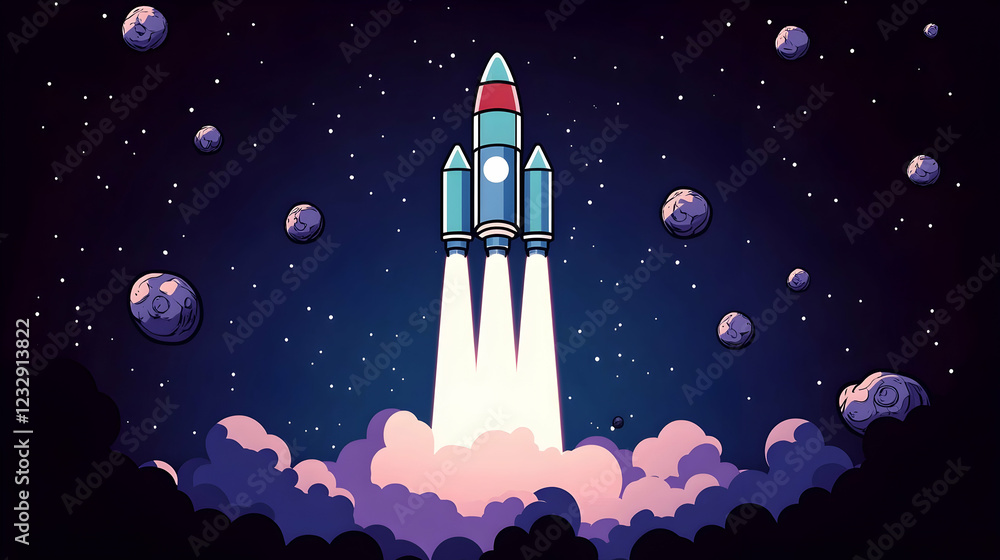 Rocket launching into space amidst stars and asteroids. Rocket launching into space amidst stars and asteroids.