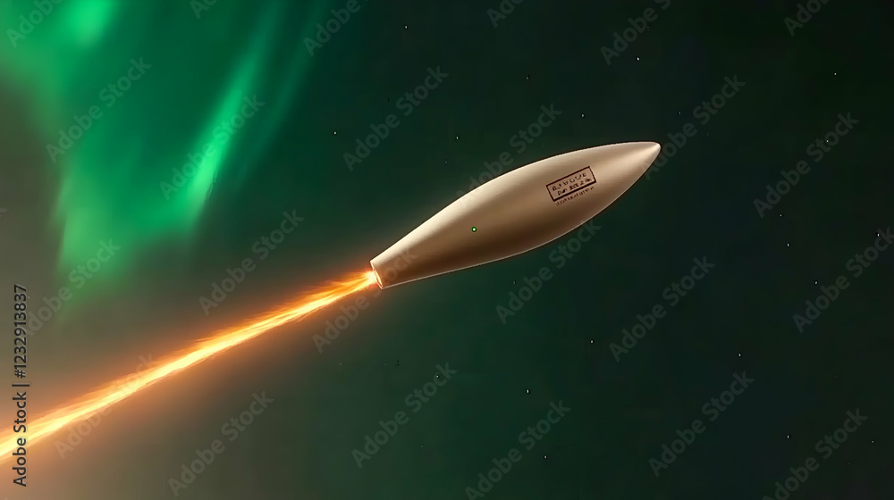 Rocket launching into space, aurora borealis in background. Rocket launching into space, aurora borealis in background.
