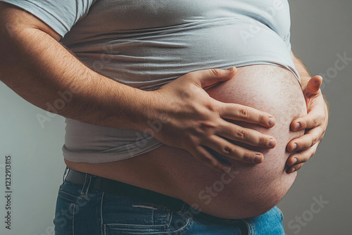 Man with hands on his stomach in casual setting