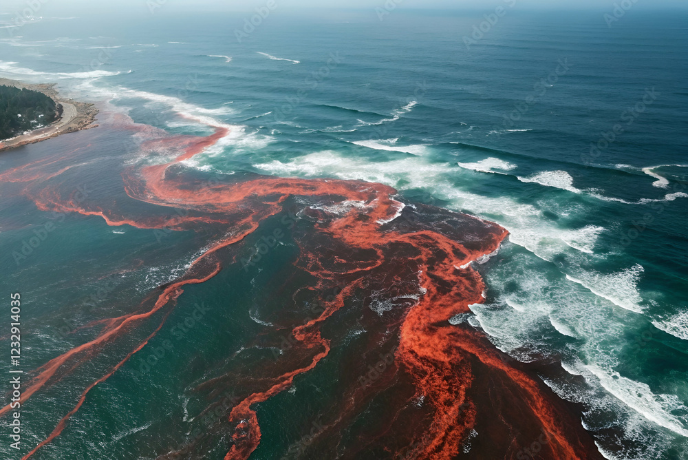 Harmful Algal Seaweed ,Aerial view of ocean waters exhibiting a striking red tide, surrounded by waves and coastline, highlighting the impact of algal blooms on marine ecosystems.