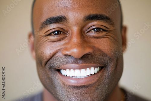 Happy man smiling warmly indoors with bright teeth photo