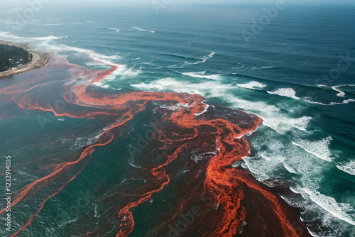 Obraz na płótnie Harmful Algal Seaweed ,Aerial view of ocean waters exhibiting a striking red tide, surrounded by waves and coastline, highlighting the impact of algal blooms on marine ecosystems. w salonie