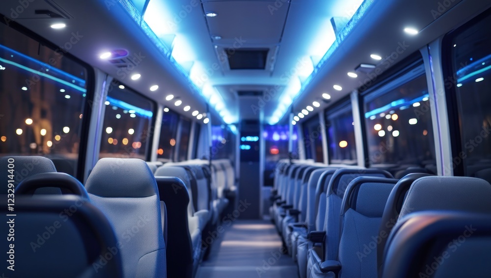 Empty Luxury Coach Bus at Night, City Lights Empty Luxury Coach Bus at Night, City Lights