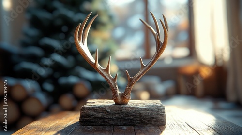 Antler decor on wooden table, Christmas tree background photo