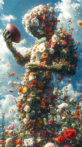 A Floral Athlete Holding Football in Sky