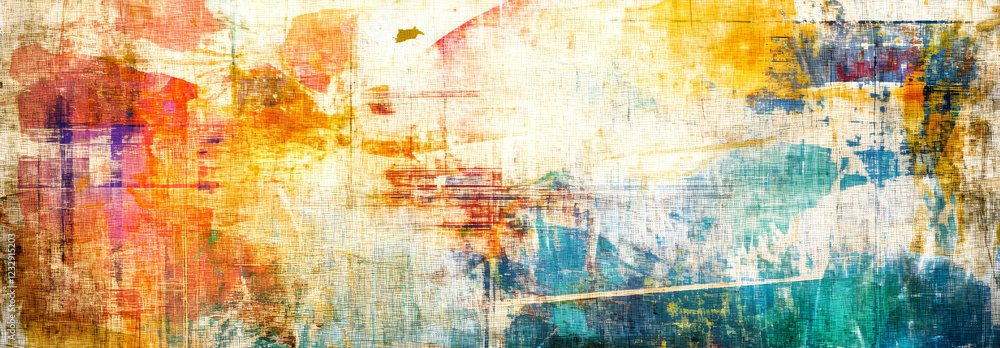 Grunge panoramic backdrop with layered, vibrant brush strokes forming textured, colorful abstract artistic composition Grunge panoramic backdrop with layered, vibrant brush strokes forming textured, colorful abstract artistic composition