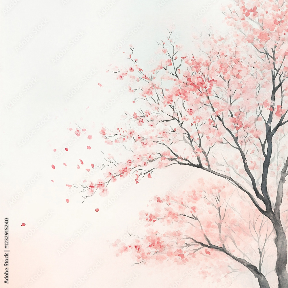 Fototapeta premium Soft Pink Blossoms in Traditional Ink Wash Art