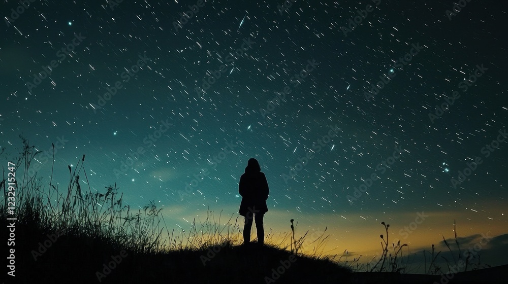 Stargazer Watching Shooting Stars in a Clear Night Sky Stargazer Watching Shooting Stars in a Clear Night Sky