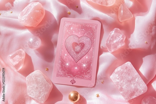 Intriguing mystical heart tarot card illustration featuring cosmic and celestial elements on a pastel pink background. photo