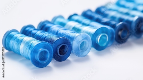 A row of blue and white thread spools