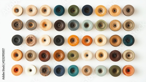 A row of wooden buttons of various colors and sizes