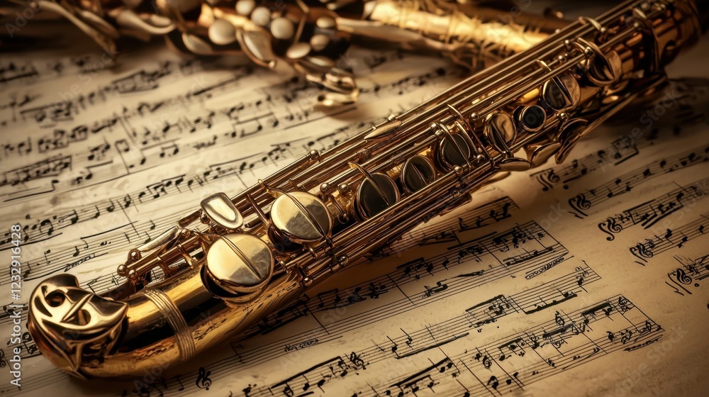 Fototapeta premium Elegant Gold Saxophone Resting on Vintage Music Sheet Background