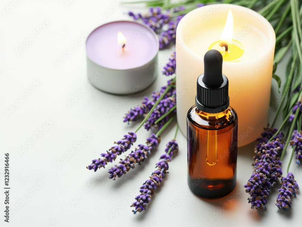 A serene arrangement featuring a lavender oil bottle, candles, and fresh lavender, perfect for relaxation and aromatherapy. A serene arrangement featuring a lavender oil bottle, candles, and fresh lavender, perfect for relaxation and aromatherapy.