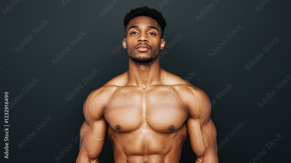 A muscular man poses confidently against a dark background, showcasing his well-defined physique and strength. A muscular man poses confidently against a dark background, showcasing his well-defined physique and strength.