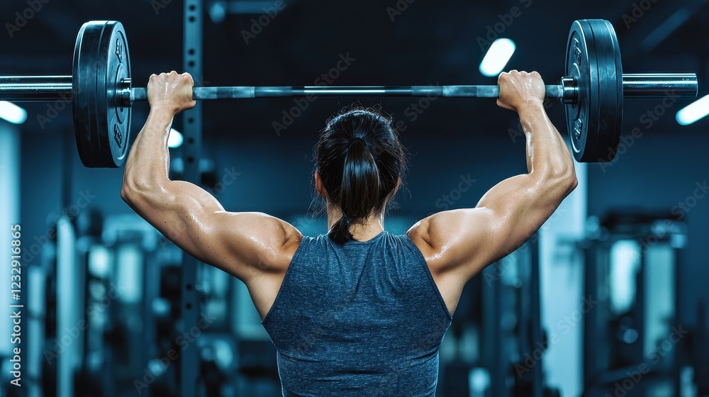 Fototapeta premium A muscular person lifts a barbell overhead in a gym, showcasing strength and determination in a focused workout environment.