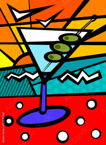 Glass of vermouth with olives against the backdrop of sea and rocks. Summer vacation, contemporary vector illustration