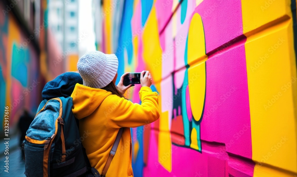 Obraz premium Traveler Capturing Colorful Street Art on a Vibrant Wall