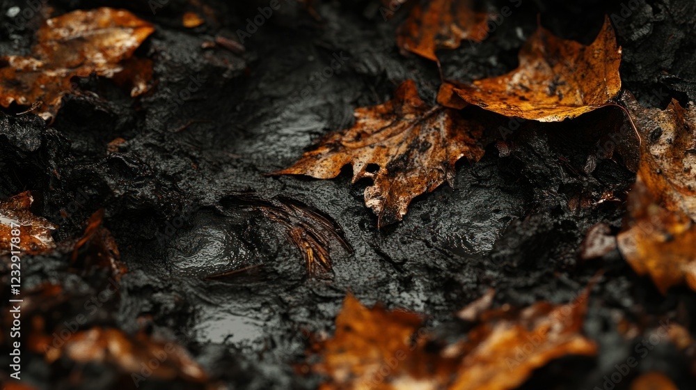 Autumn leaves in muddy trail; forest background Autumn leaves in muddy trail; forest background