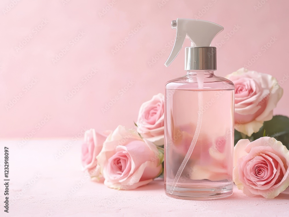 A stylish perfume bottle surrounded by soft pink roses, set against a delicate pink background, creating a romantic and elegant atmosphere. A stylish perfume bottle surrounded by soft pink roses, set against a delicate pink background, creating a romantic and elegant atmosphere.