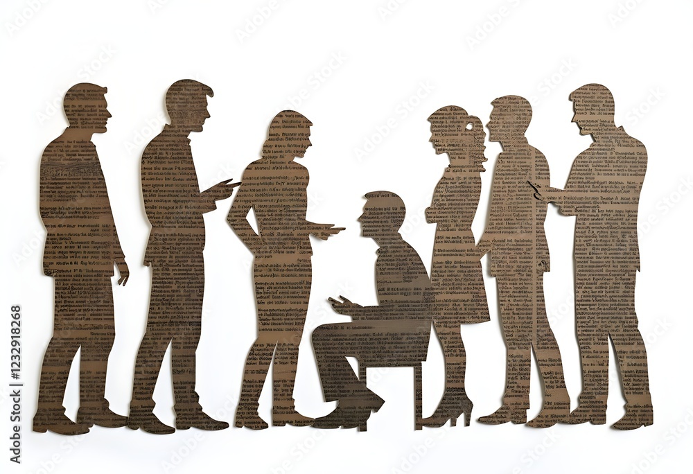 Fototapeta premium Newspaper Cut-Out of Conversing Group with Creative Typography on White Background