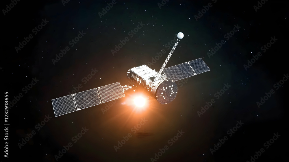 Satellite orbiting Earth, illuminated by sun. Satellite orbiting Earth, illuminated by sun.