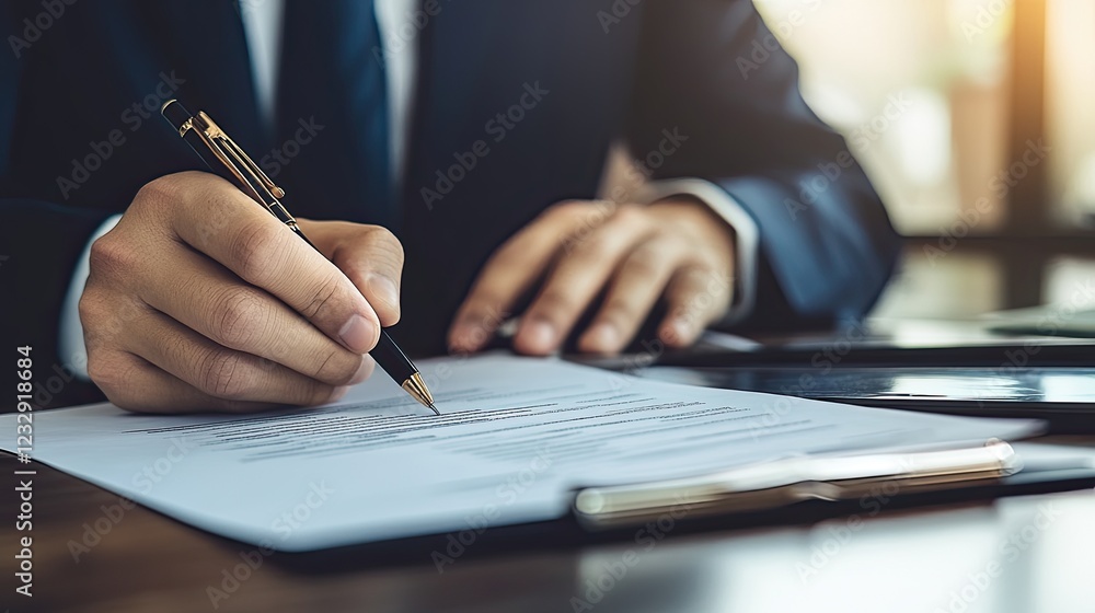 Businessman signing important document with a pen Businessman signing important document with a pen