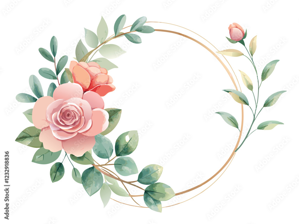 A round wreath with flowers and leaves and a round frame A round wreath with flowers and leaves and a round frame