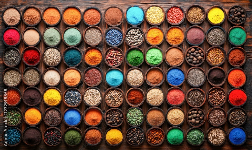 Rustic Wooden Table with Colorful Spices and Herbs in Intricate Patterns Rustic Wooden Table with Colorful Spices and Herbs in Intricate Patterns
