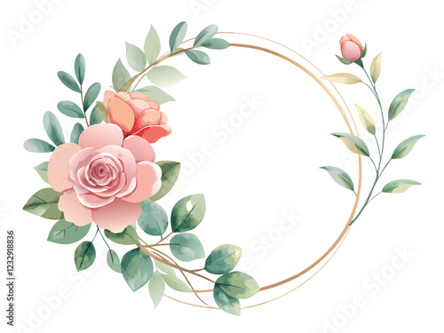 A round wreath with flowers and leaves and a round frame