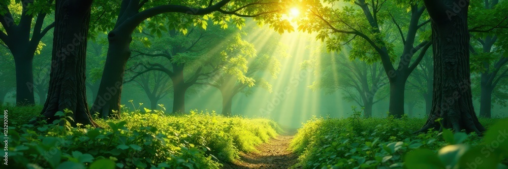 Fototapeta premium Misty green forest, sunlight dappled through leaves, texture, woodland