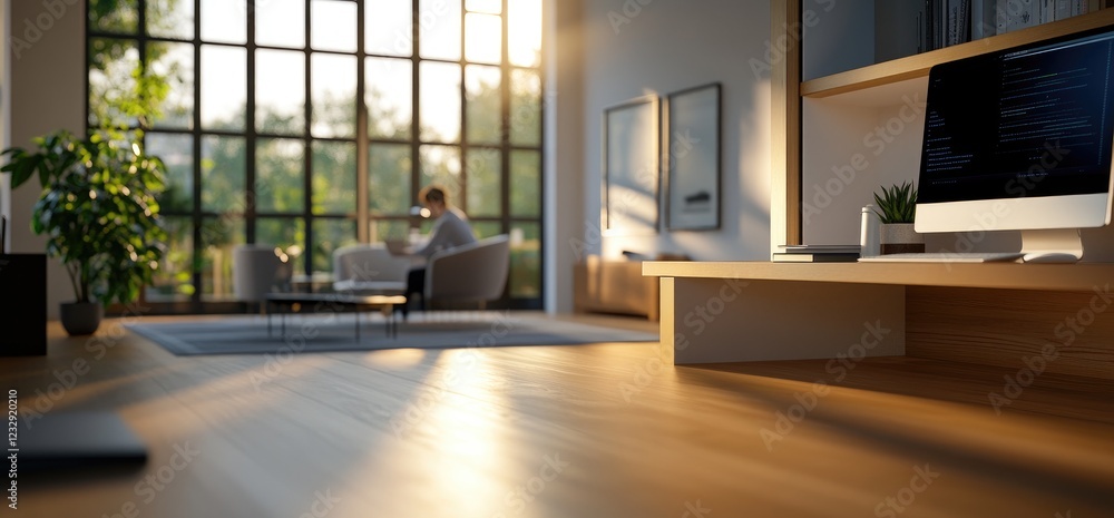 Man works remotely in sunlit modern home office Man works remotely in sunlit modern home office