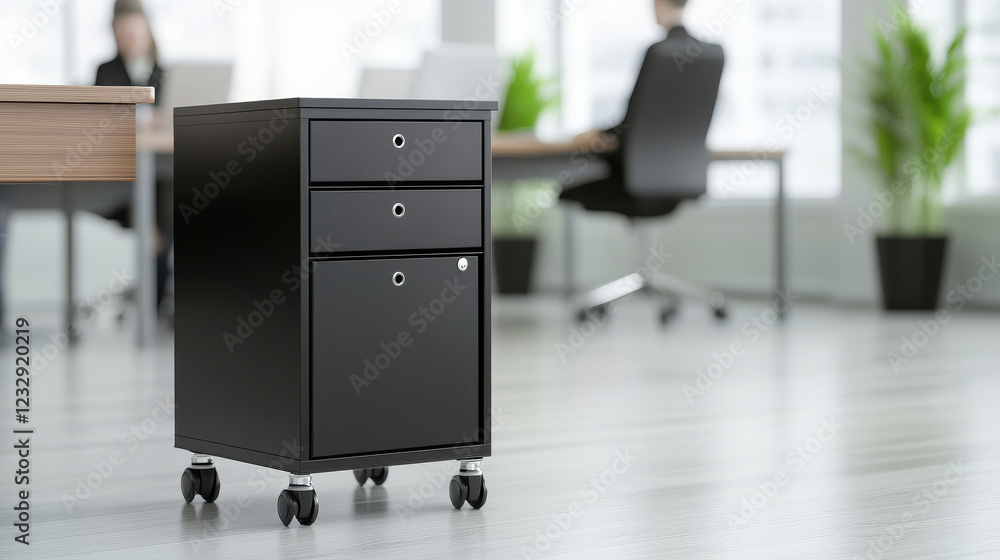 Modern black rolling file cart standing in a collaborative workspace with blurred coworkers working on their desks in the background, enhancing organization and mobility in the office Modern black rolling file cart standing in a collaborative workspace with blurred coworkers working on their desks in the background, enhancing organization and mobility in the office