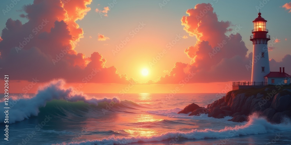Fototapeta premium A stunning lighthouse at sunset, surrounded by crashing waves, creating a serene and picturesque coastal scene perfect for travel and nature themes.