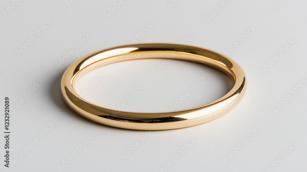 Close-up minimalist studio shot featuring a polished gold bangle elegantly resting on a light gray background, highlighting its sleek design and luxurious appeal Close-up minimalist studio shot featuring a polished gold bangle elegantly resting on a light gray background, highlighting its sleek design and luxurious appeal
