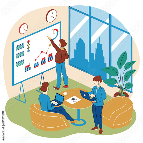 A tech meetup where innovators share ideas on a smartboard Illustrator Artwork