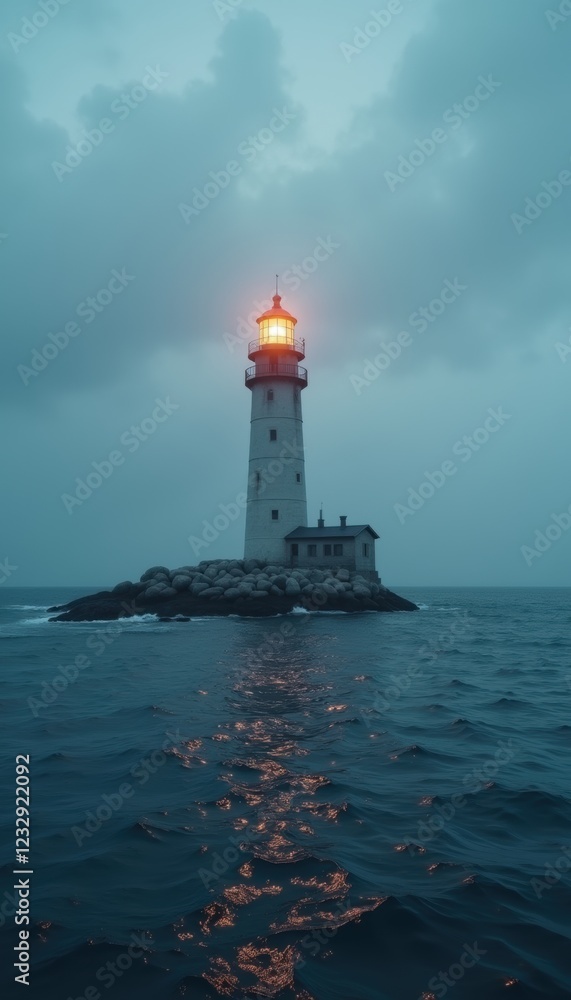 A solitary lighthouse stands tall against a moody, cloudy sky, its beacon illuminating the surrounding waters. Perfect for themes of navigation, safety, and solitude. A solitary lighthouse stands tall against a moody, cloudy sky, its beacon illuminating the surrounding waters. Perfect for themes of navigation, safety, and solitude.