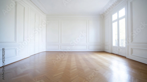 Wallpaper Mural Wide angle view capturing an empty neoclassical style room, featuring pristine white walls, intricate elegant moldings, and a stunning herringbone parquet floor that enhances the spacious ambiance Torontodigital.ca