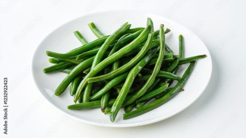 A simple serving of boiled green beans, lightly seasoned with a touch of olive oil, arranged on a plain white ceramic plate A simple serving of boiled green beans, lightly seasoned with a touch of olive oil, arranged on a plain white ceramic plate