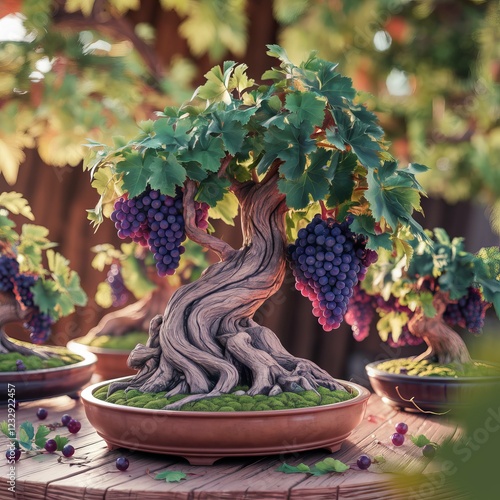 A highly detailed and realistic bunch of bonsai 
 grapes tree  on the vine. The gapes are purple color with sun lighting. AI generative.