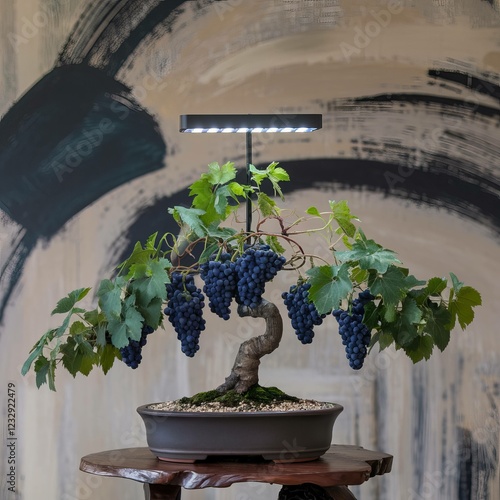 A highly detailed and realistic bunch of bonsai 
 grapes tree  on the big table with light. Purple grapes tree vector illustration. AI generative.