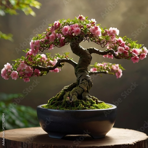 A highly detailed and realistic bunch of bonsai 
tree  with flower on the vine. AI generative.