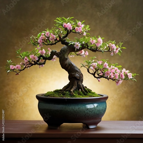 A highly detailed and realistic bunch of bonsai 
tree  with flower on the vine. AI generative.