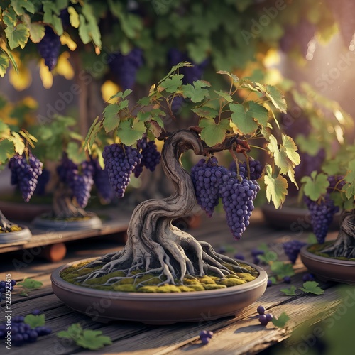A highly detailed and realistic bunch of bonsai 
 grapes tree  on the vine. The gapes are purple color AI generative.